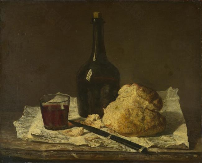 Imitator of Jean-Sim茅on Chardin - Still Life with Bottle, Glass and Loaf静物植物动物食物家禽水果印象派写实主义油画装饰画