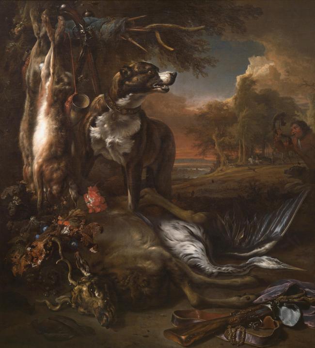 Jan Weenix - A Deerhound with Dead Game and Implements of the Chase静物植物动物食物家禽水果印象派写实主义油画装饰画