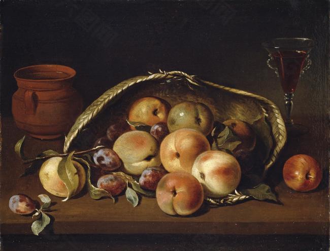 Camprobin, Pedro - Basket with Peaches and Plums, 1654静物水果瓜果蔬菜器皿食物印象画派写实主义油画装饰画