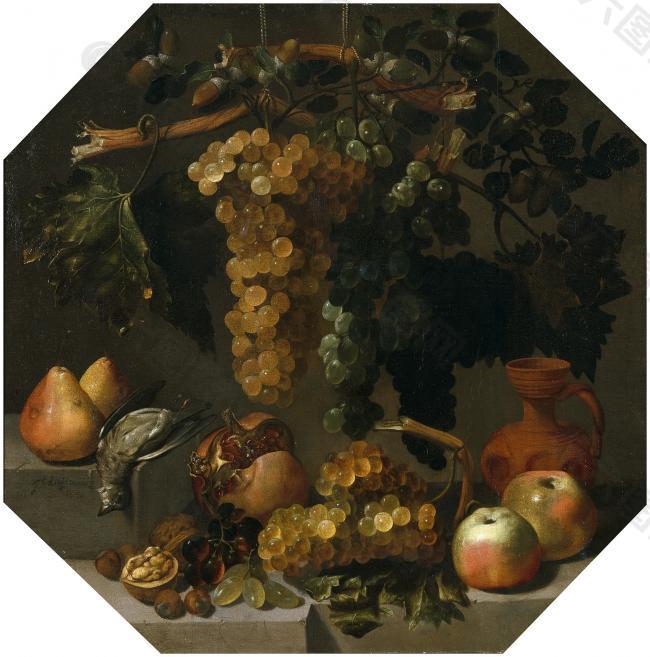 Espinosa, Juan Bautista - Octagonal Still Life with Grape Bunches, 1646静物水果瓜果蔬菜器皿食物印象画派写实主义油画装饰画