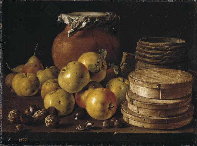 Melendez, Luis Egidio - Bodegon manzanas, peras, cajas de dulce y recipiente, 1759静物水果瓜果蔬菜器皿食物印象画派写实