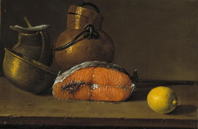 Melendez, Luis Egidio - Piece of Salmon, a Lemon and Three Vessels, 1772静物水果瓜果蔬菜器皿食物印象画派写实主义油画装饰画