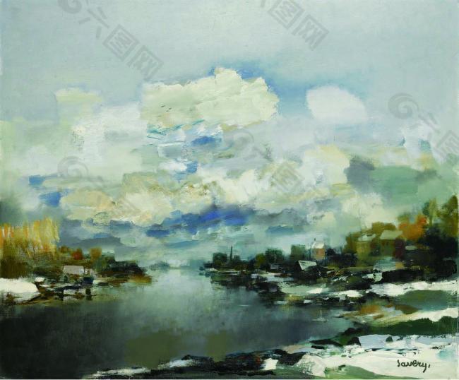 Albert Saverys - Winter Landscape风景水景河流海洋植物树木田园印象画派写实主义油画装饰画