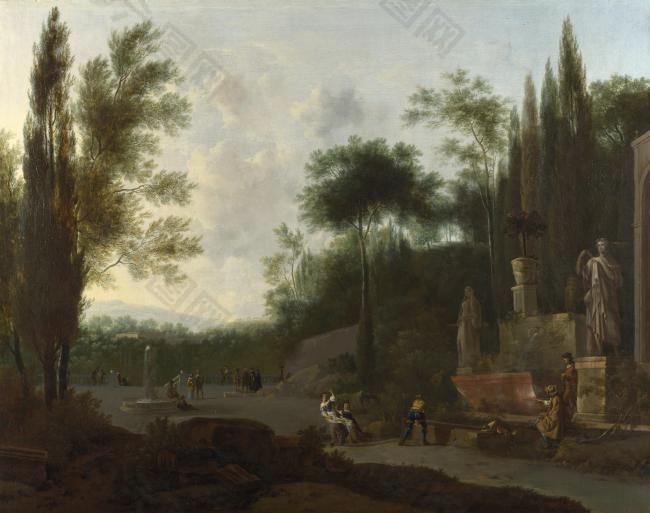 Frederick de Moucheron - Figures in an Italian Garden高清古典风景人物天使宗教建筑印象派写实主义油画装饰画