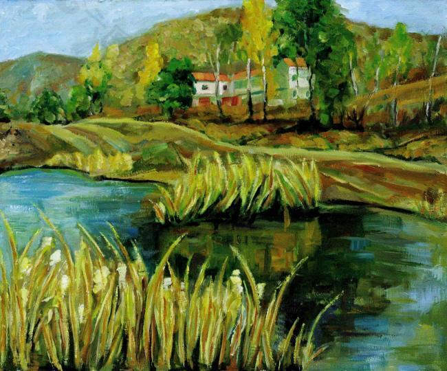 闅斿哺风景建筑田园植物水景田园印象画派写实主义油画装饰画
