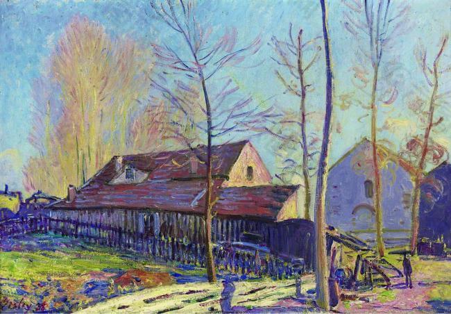 Alfred Sisley - The Mills of Moret, Frost, Evening Effect, 1888法国画家阿尔弗莱德西斯莱alfred sisley印象派自然风景天空油画装