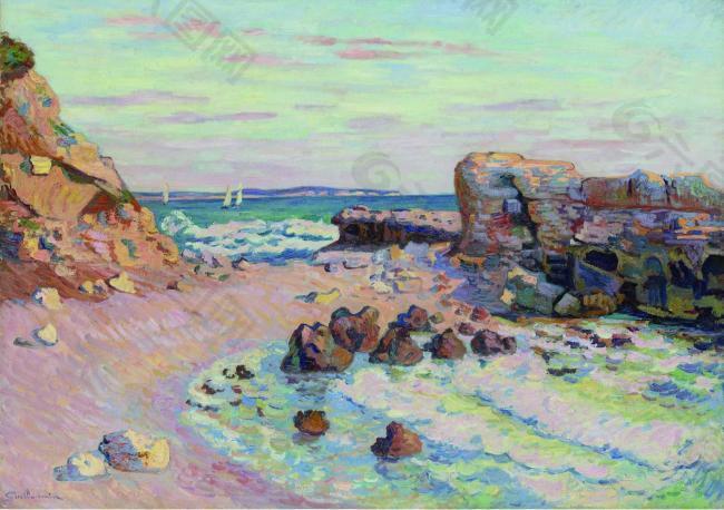 Armand Guillaumin - Rocks at Saint-Palais, Rising Tide, 1900法国画家阿曼吉约曼armand guillaumin印象派风景人物田园油画装饰画