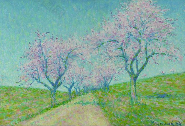 Achille Lauge - The Road Boarding by Almond-Trees in Bloom, 1934法国画家阿希尔拉格Achille Lauge印象派风景自然田园油画装饰画