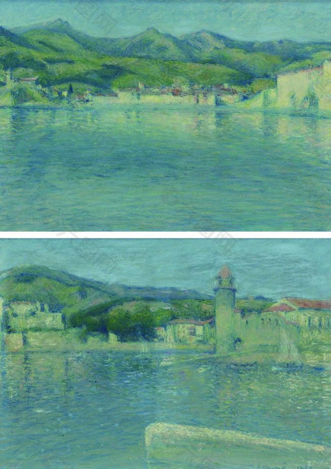 Achille Lauge - View of the Port of Collioure from the Point of Saint-Vincent (diptych), 1928法国画家阿希尔