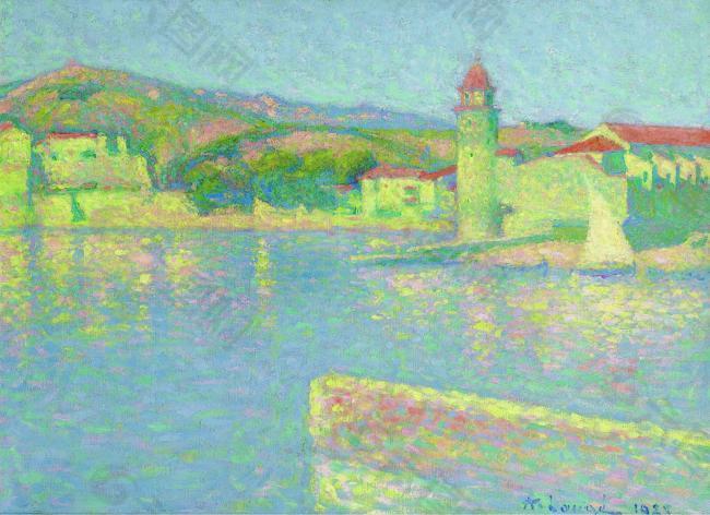 Achille Lauge - View of the Port of Collioure from the Point of Saint-Vincent, 1928法国画家阿希尔拉格Achille