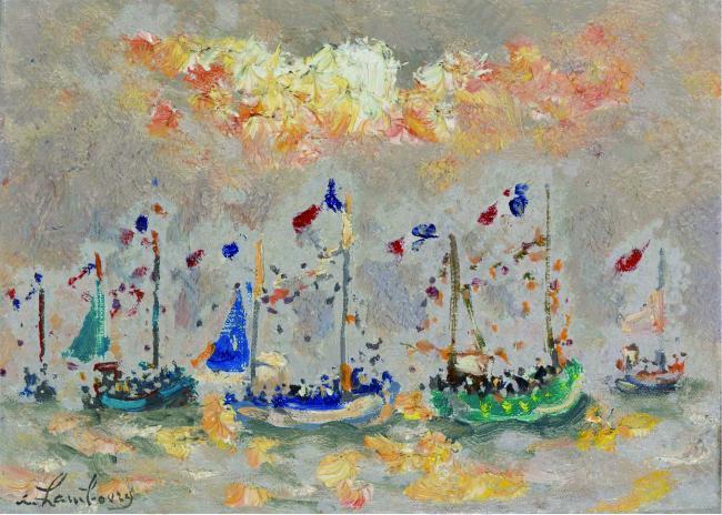 Andre Hambourg - The Boats at Hollyday, 1973法国画家安德烈汉姆博格Andre Hambourg印象派风景自然水景油画装饰画