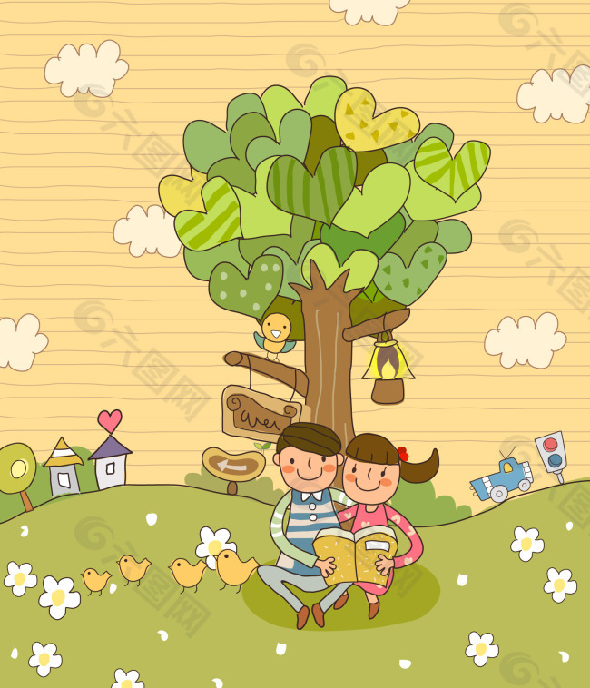 在爱心树下看书的儿童