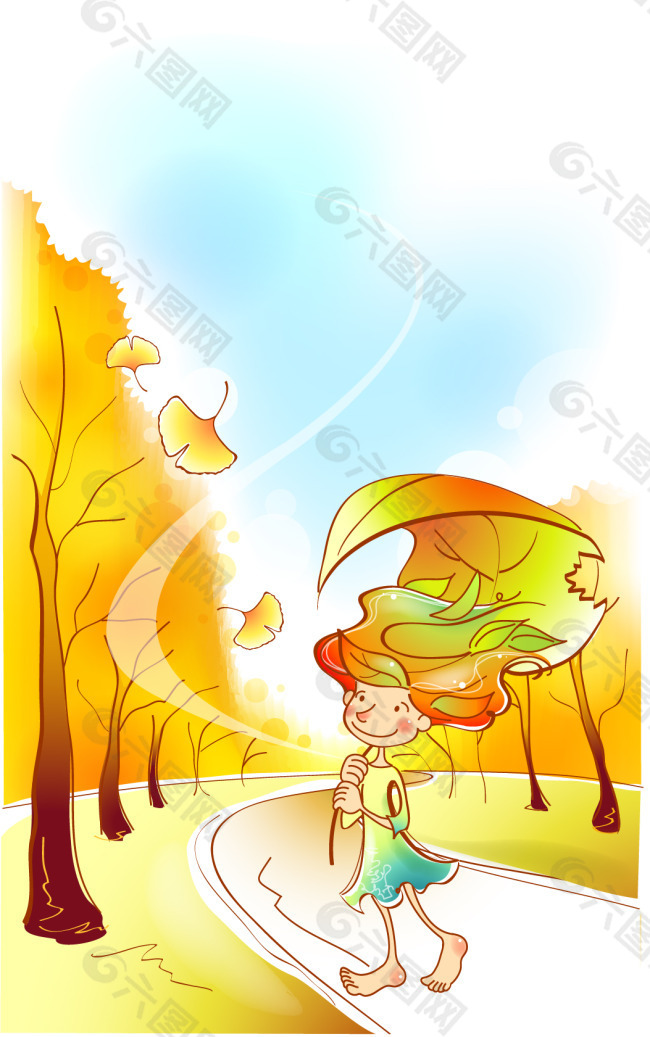 秋天故事插画之扛着一片落叶的小精灵