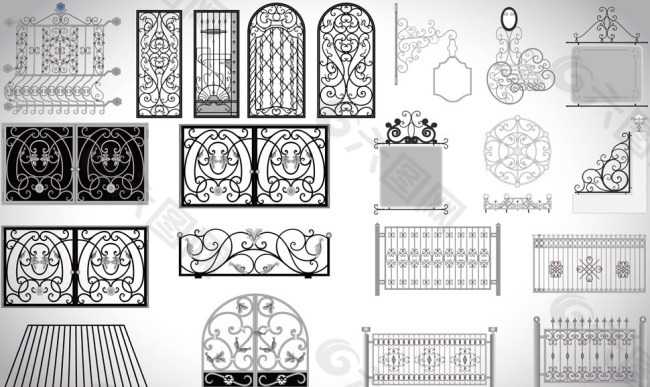锻造铁艺围栏大门窗户等矢量素材