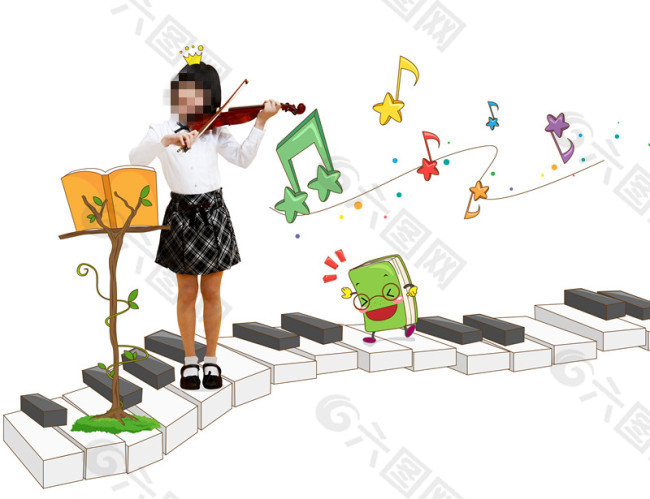 钢琴键上拉小提琴的女孩