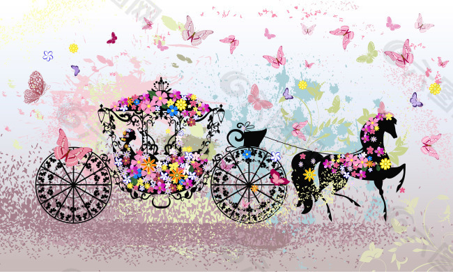 手绘婚礼花朵马车蝴蝶背景墙图片素材
