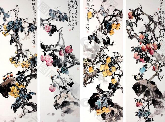 四条屏花鸟图片