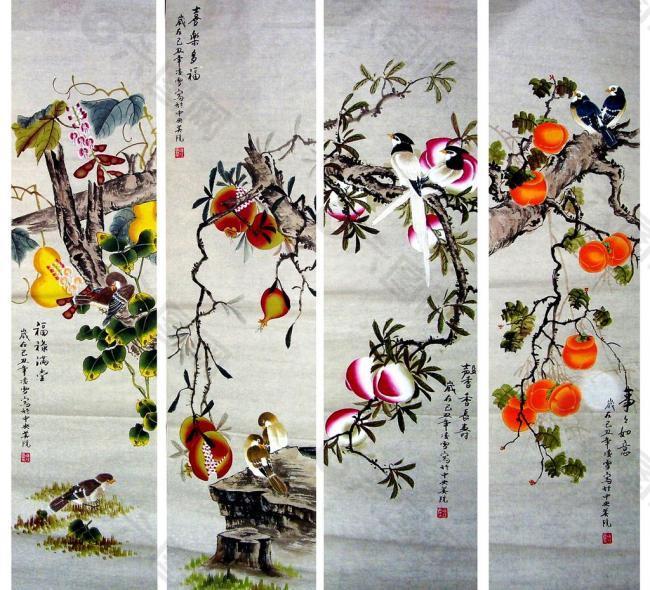 四条屏花鸟图片