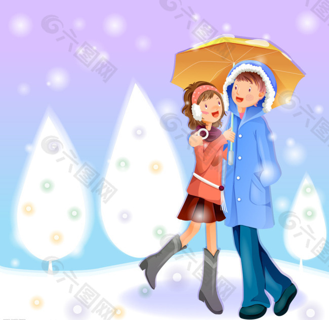 圣诞节情侣相拥在伞下矢量素材