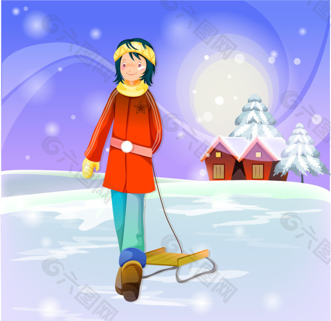 女孩在雪地里拖着雪橇矢量素材