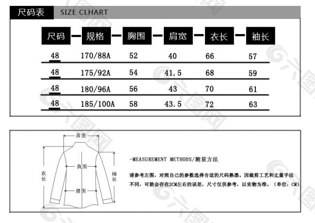 衣服尺码对照表