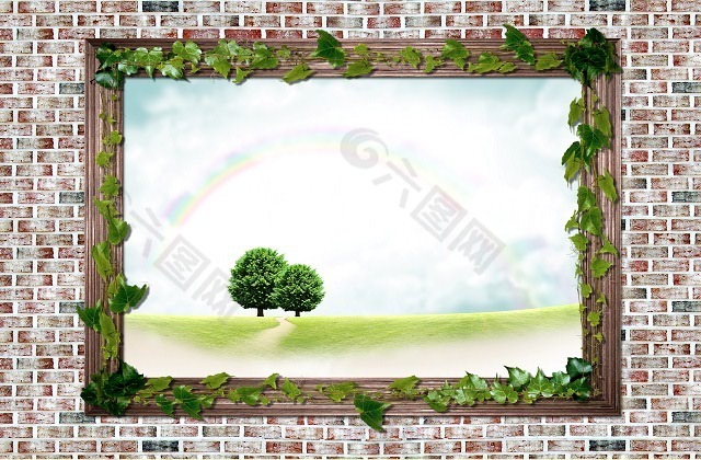 砖墙木框内的绿树