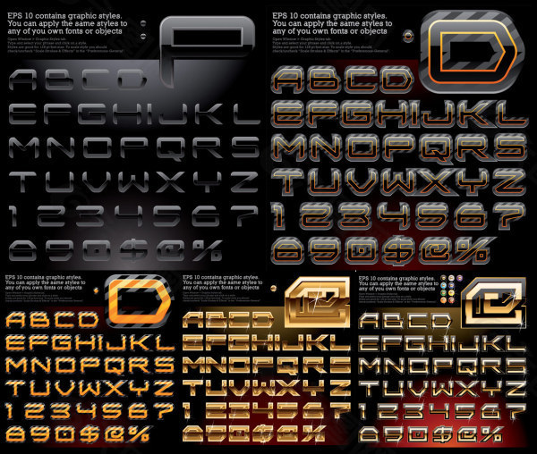 几组华丽金属质感英文字母和数字矢量素材