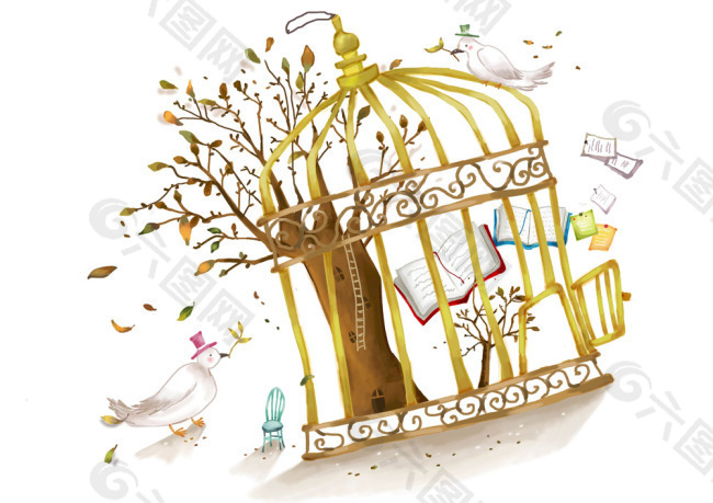 鸟笼里面的树创意插画素材