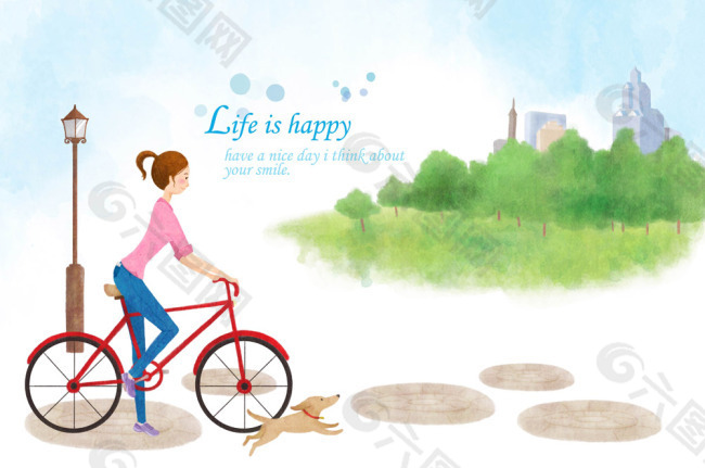 骑自行车的时尚女孩免费插画素材