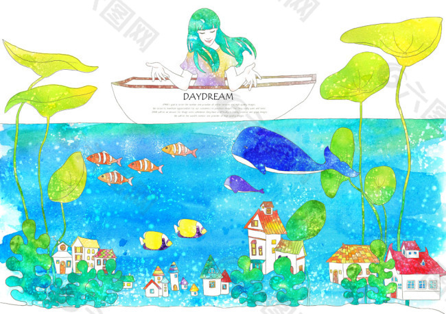 划船在湖上的绿头发女孩子插画素材