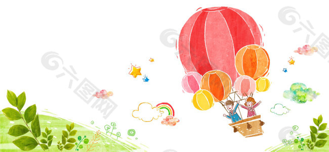 红色气球孩子们插画素材