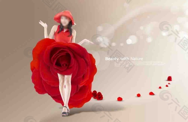 红玫瑰花裳美女图片素材