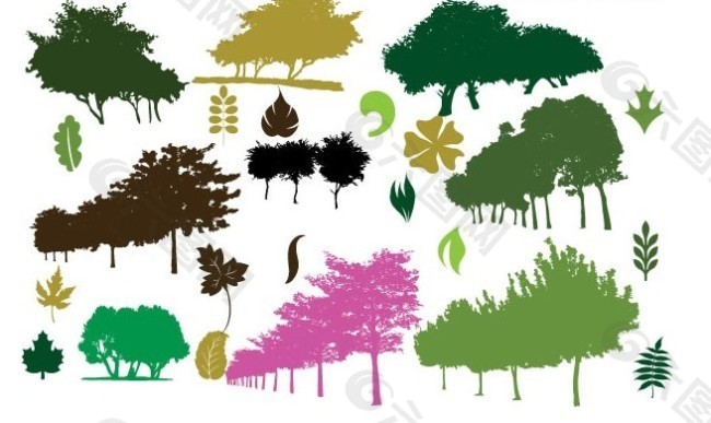 彩色树木和树叶剪影矢量素材