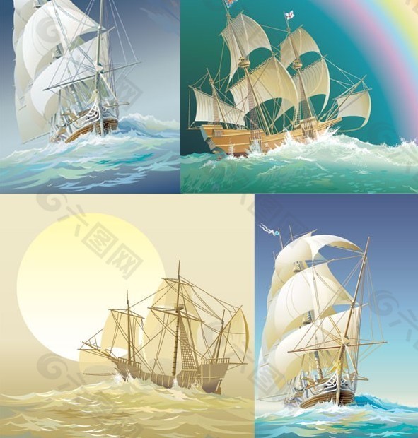 大海上航行的帆船矢量素材