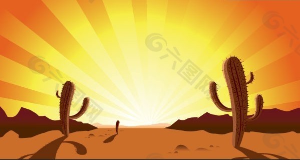 日落时沙漠中的仙人掌矢量素材