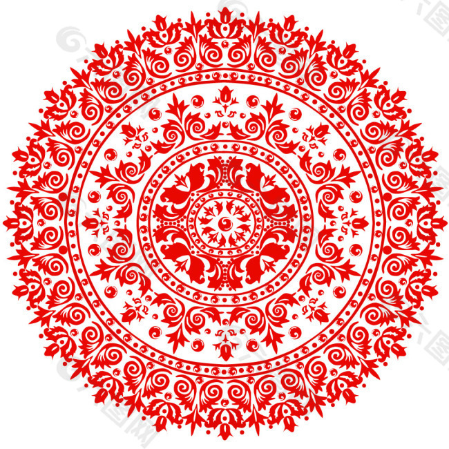 圆形红色古典花纹矢量图