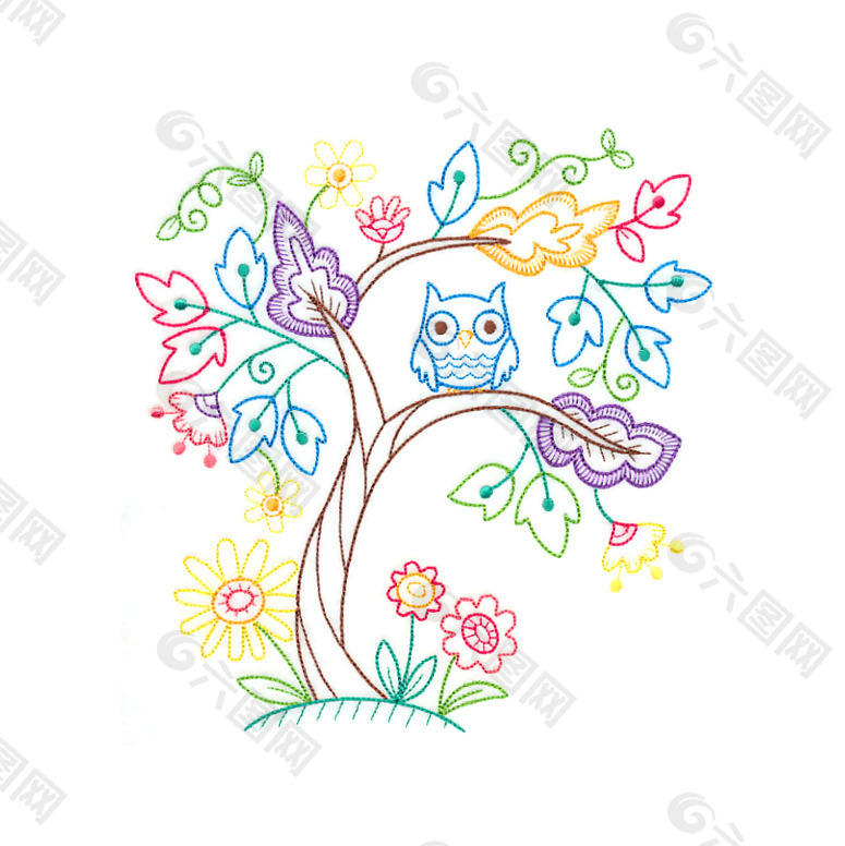 位图 绣花 动物 猫头鹰 植物 免费素材