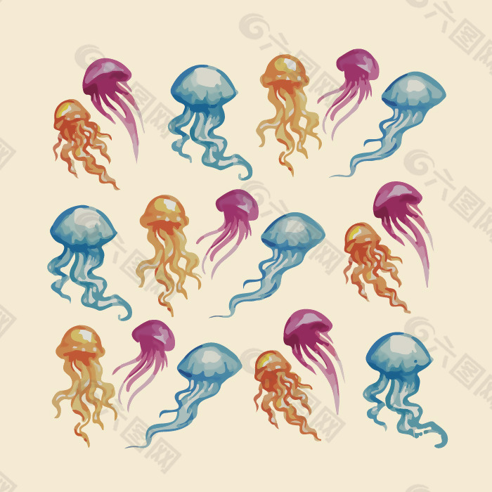 印花矢量图 动物 水母 艺术效果 水彩 免费素材