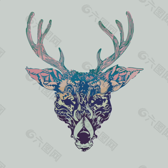 印花矢量图 动物 鹿头 艺术效果 水彩 免费素材