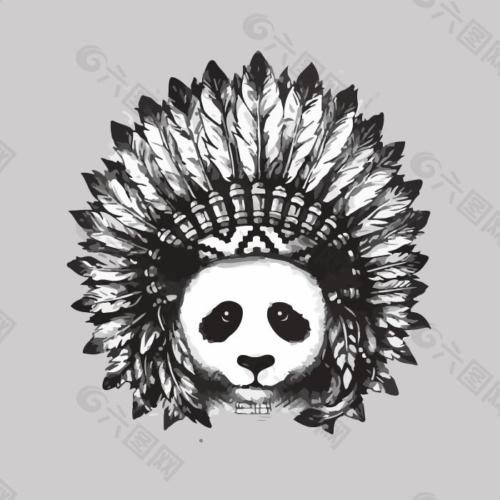 印花矢量图 民族风 印第安人头饰 动物 熊猫 免费素材