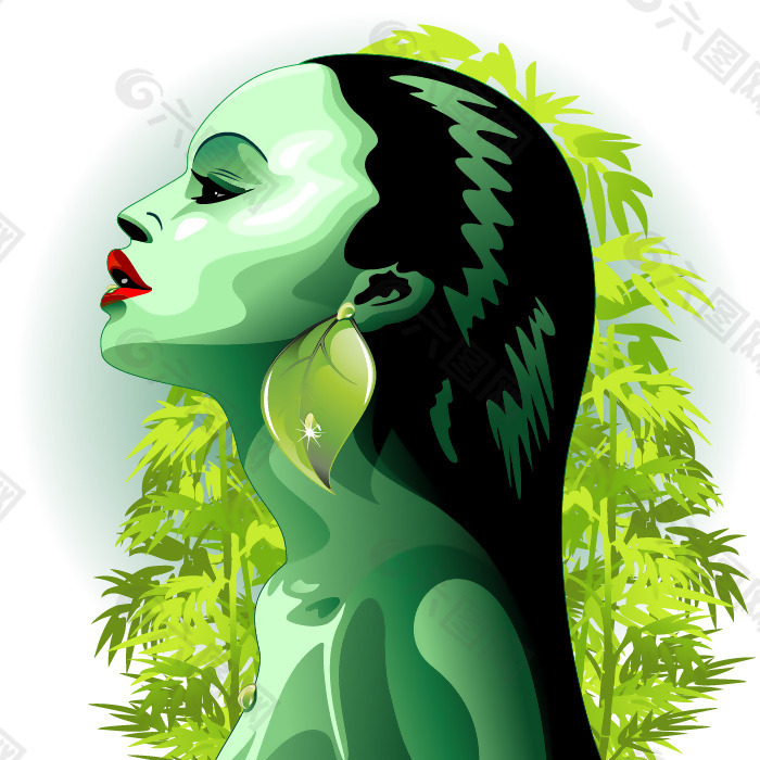 印花矢量图 人物 女人 植物 竹子 免费素材