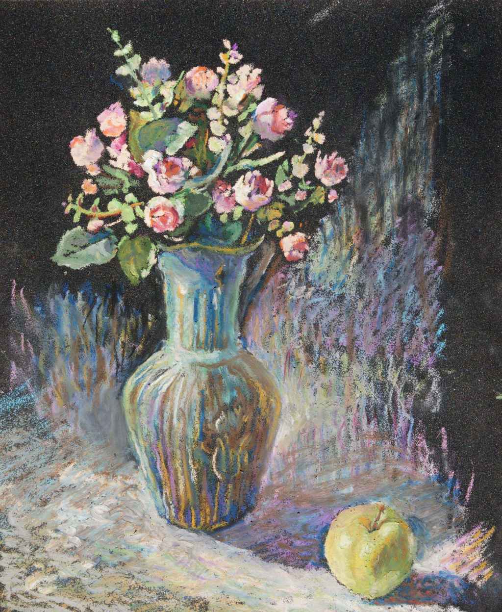 粉红玫瑰与苹果油画