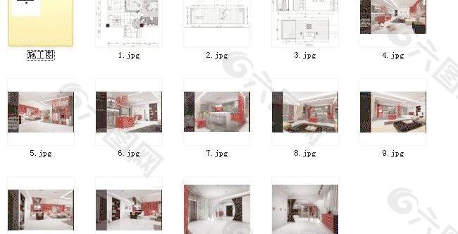 现代中式红色风格样板间施工图及效果图