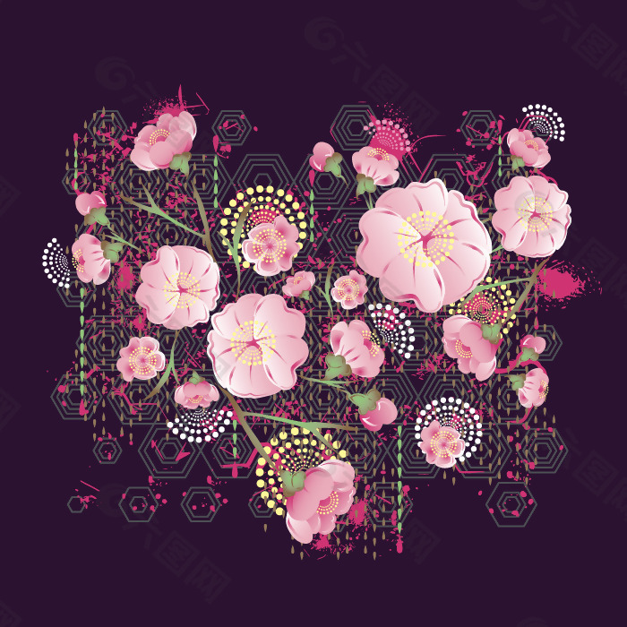 印花矢量图 植物 花 几何 六边形 免费素材