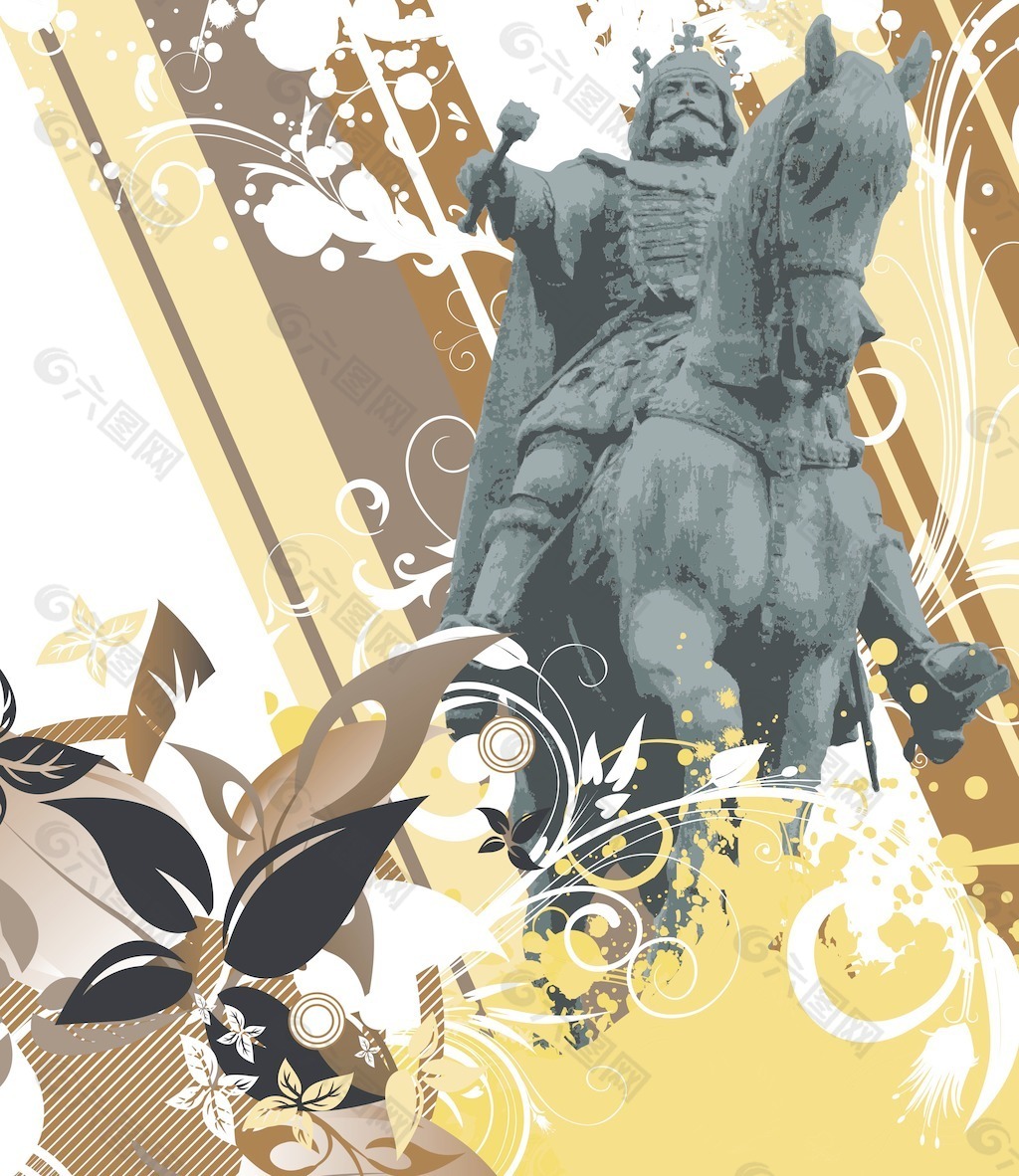 骑士雕像与花卉背景