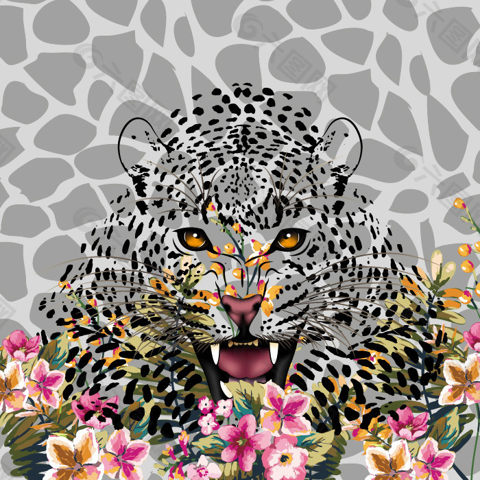 印花矢量图 动物 豹子 豹纹 植物 免费素材