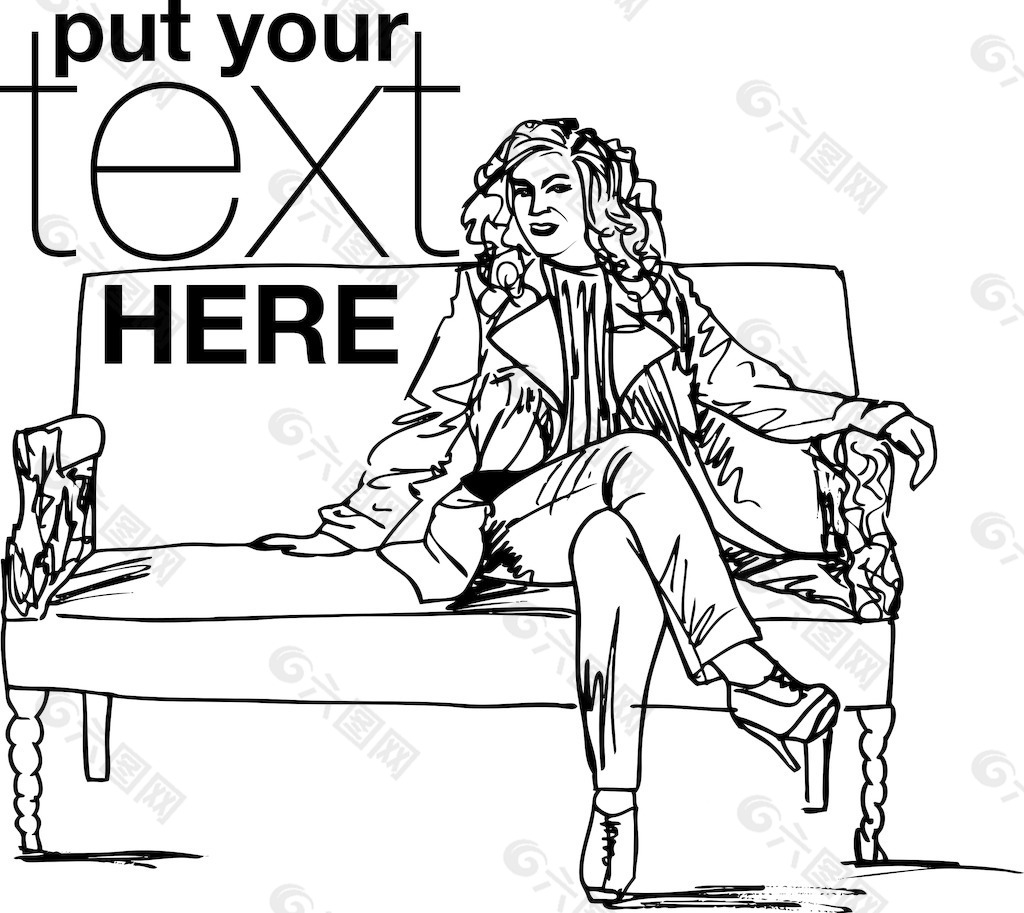 美丽的女人坐在沙发上奢华复古插画矢量图