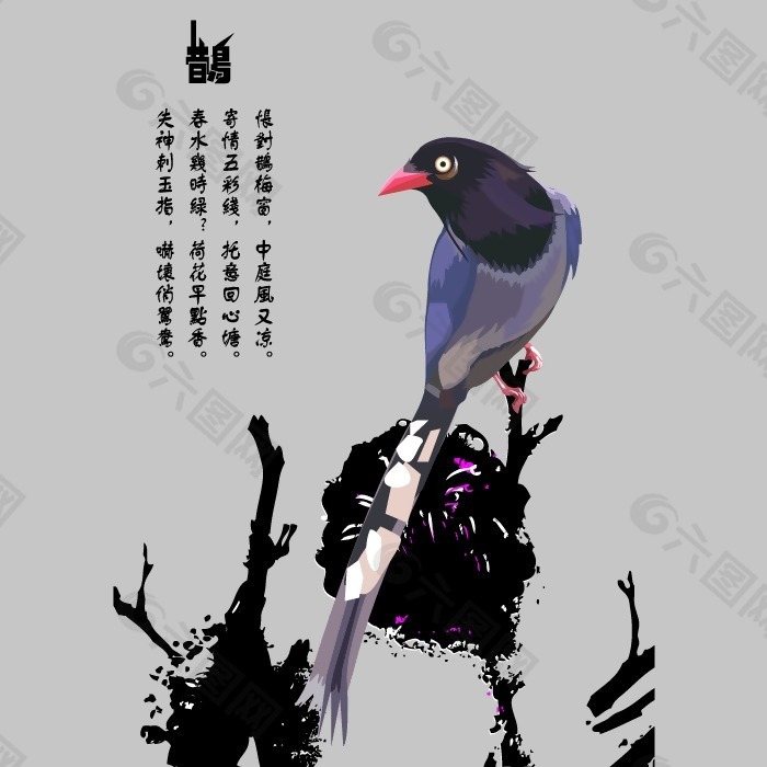 印花矢量图 动物图案 喜鹊 鸟 中文 免费素材