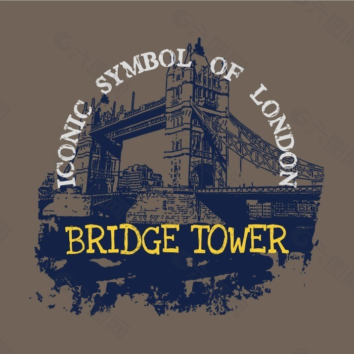 印花矢量图 街头潮流 伦敦大桥 版画 英文 免费素材