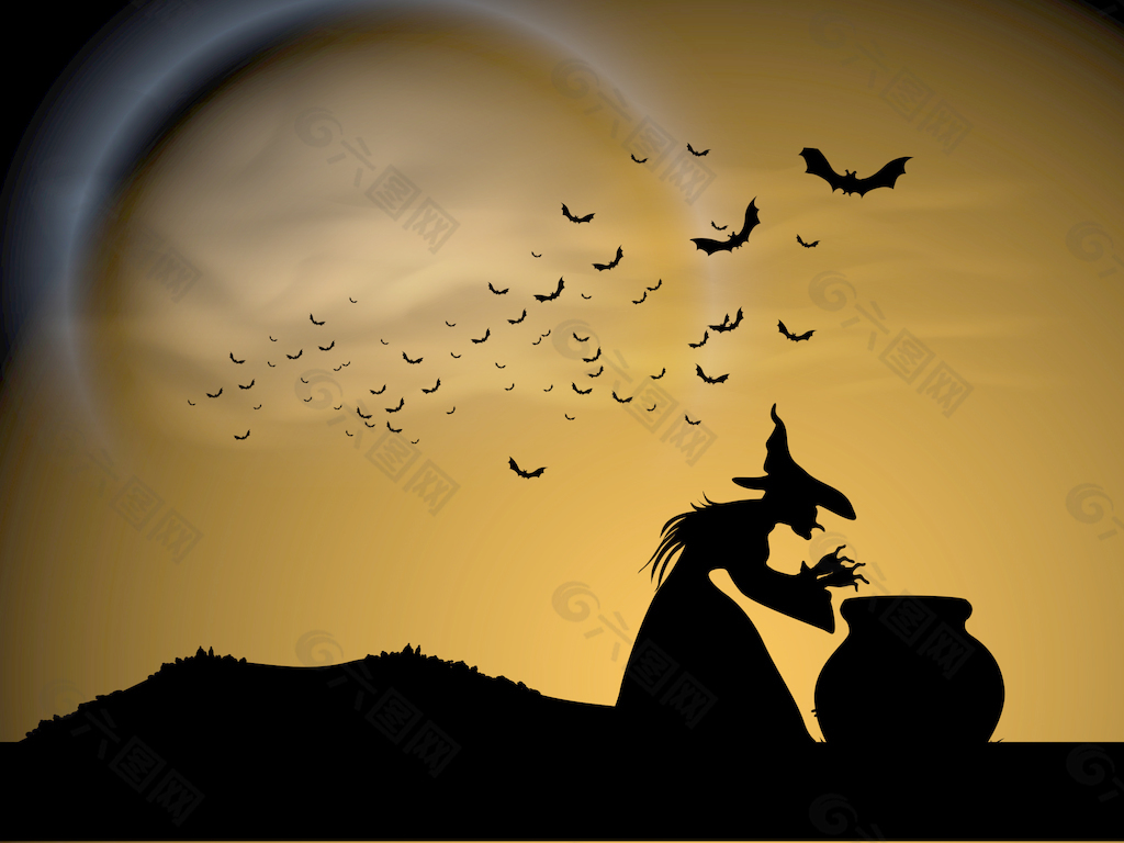 横幅或背景的鬼夜万圣节派对与女巫的剪影